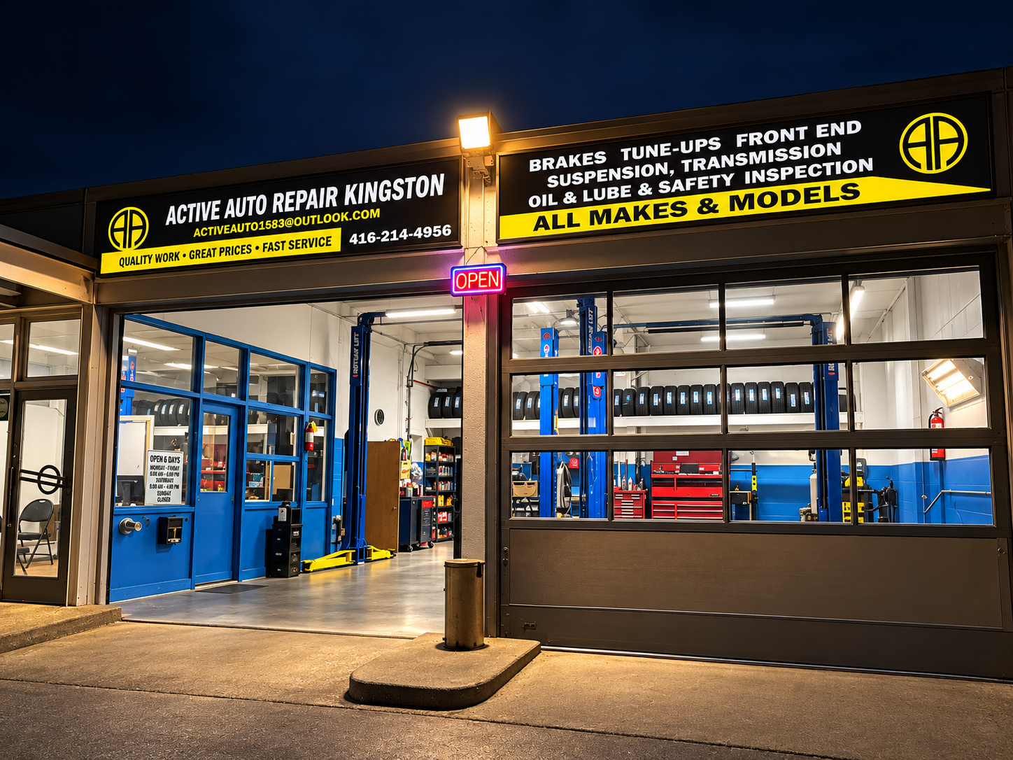 The shop front with its signs, open bay and blue lifts