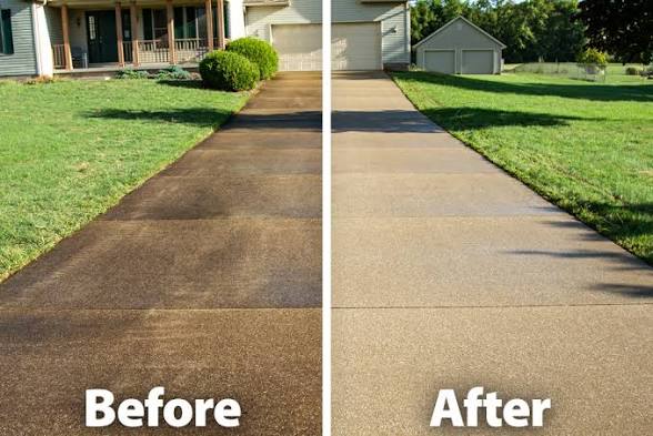 A concrete driveway shown before cleaning, dark and stained, and after cleaning, light and even