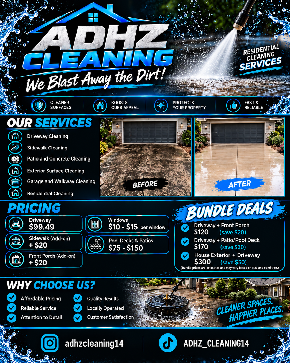 ADHZ Cleaning flyer: residential cleaning services, pricing, bundle deals and before and after photos