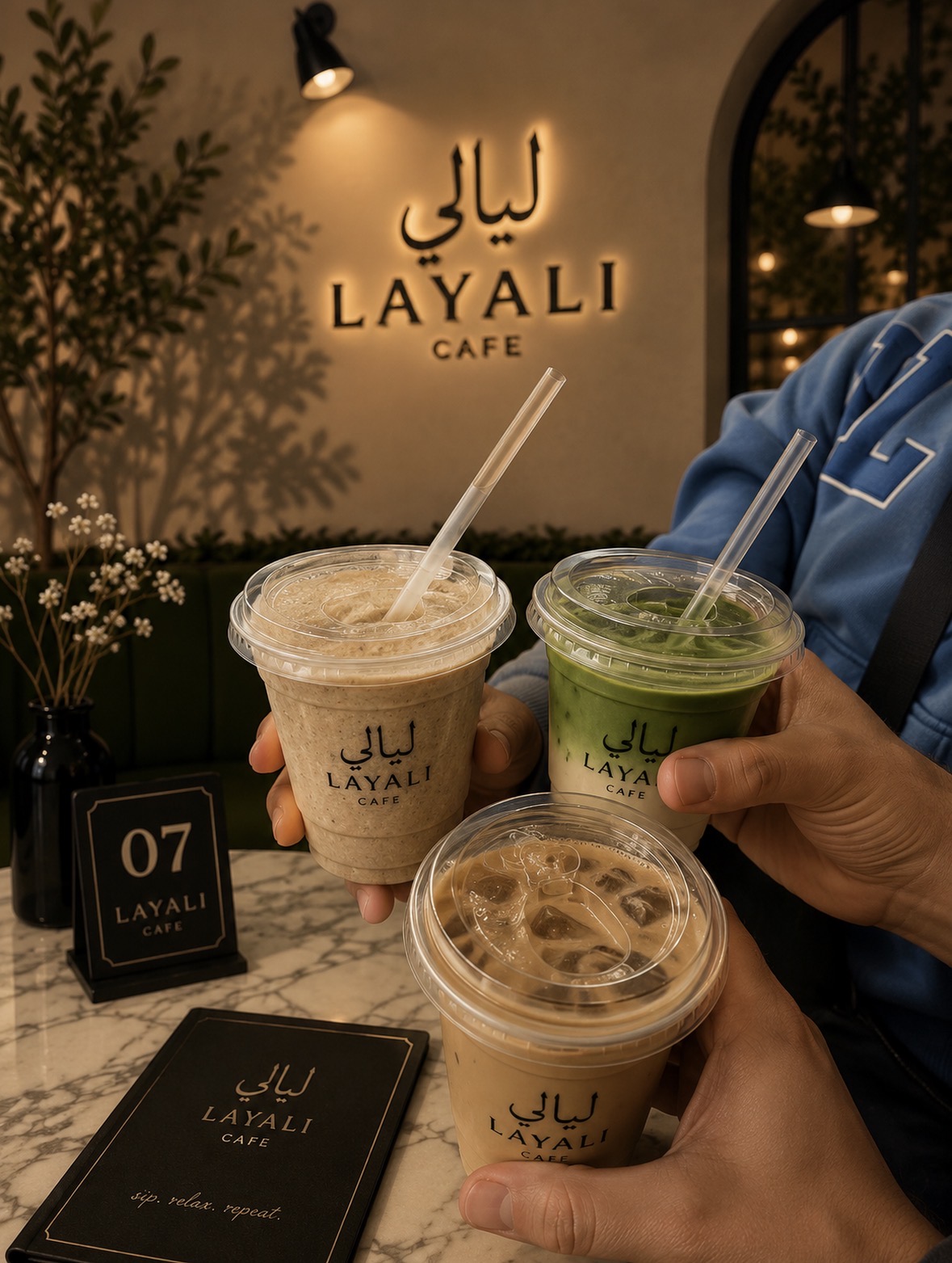 Three iced drinks held together in front of the glowing Layali Café sign