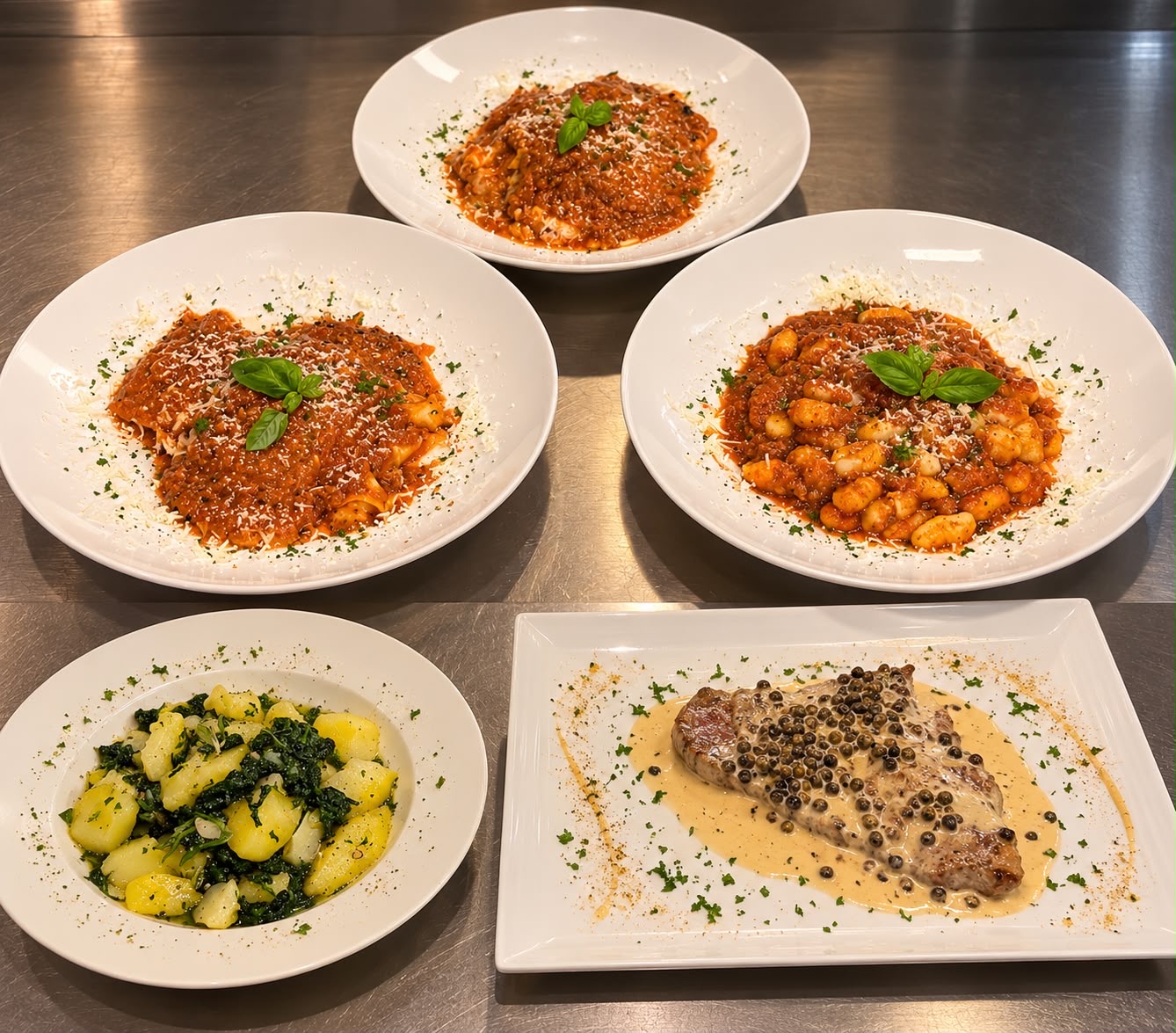 Fünf Teller aus unserer Küche: Pasta, Gnocchi, Kartoffeln mit Grünkohl und Schnitzel mit grünem Pfeffer