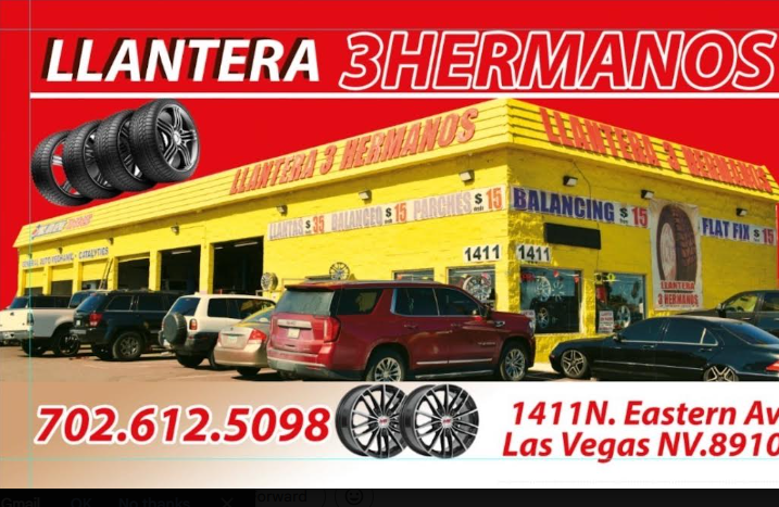 The LLANTERA 3 HERMANOS shop: a yellow building at 1411 N. Eastern Ave with the shop name painted on the wall