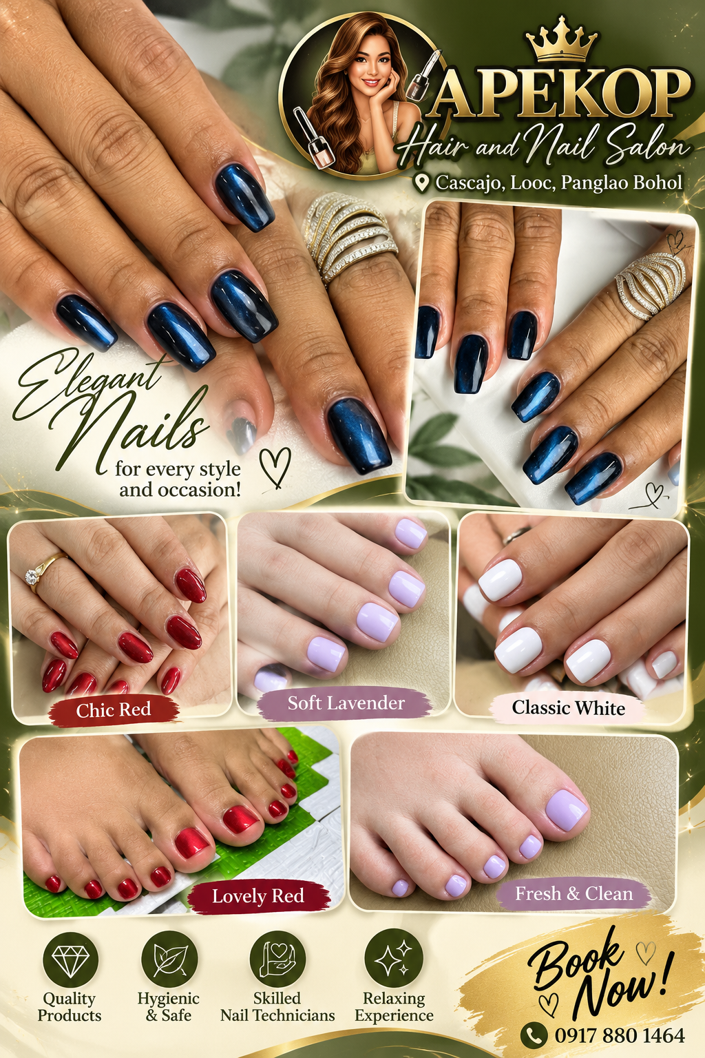 Dark blue cat eye nails and colorful manicures and pedicures at Apekop