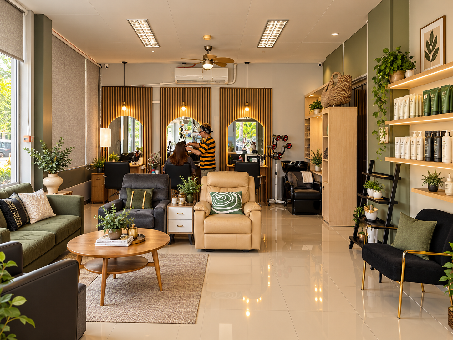 Inside the salon: three mirrors with warm wood panels, a lounge with green sofa and shelves of hair products