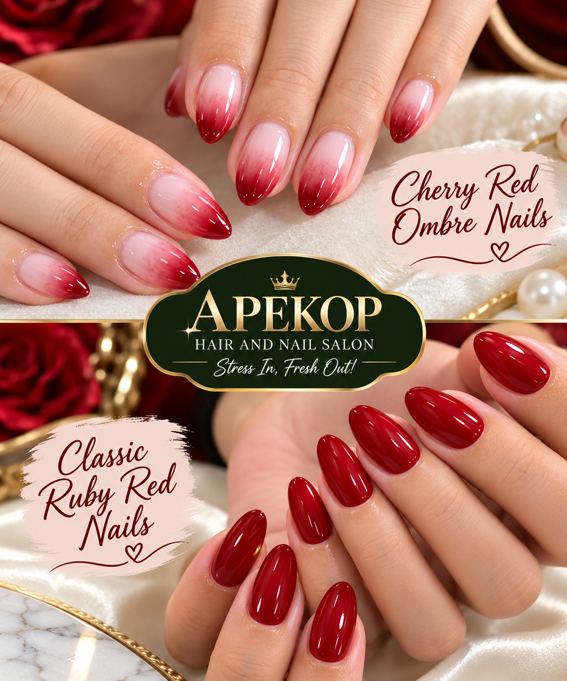 Cherry red ombre nails and classic ruby red nails