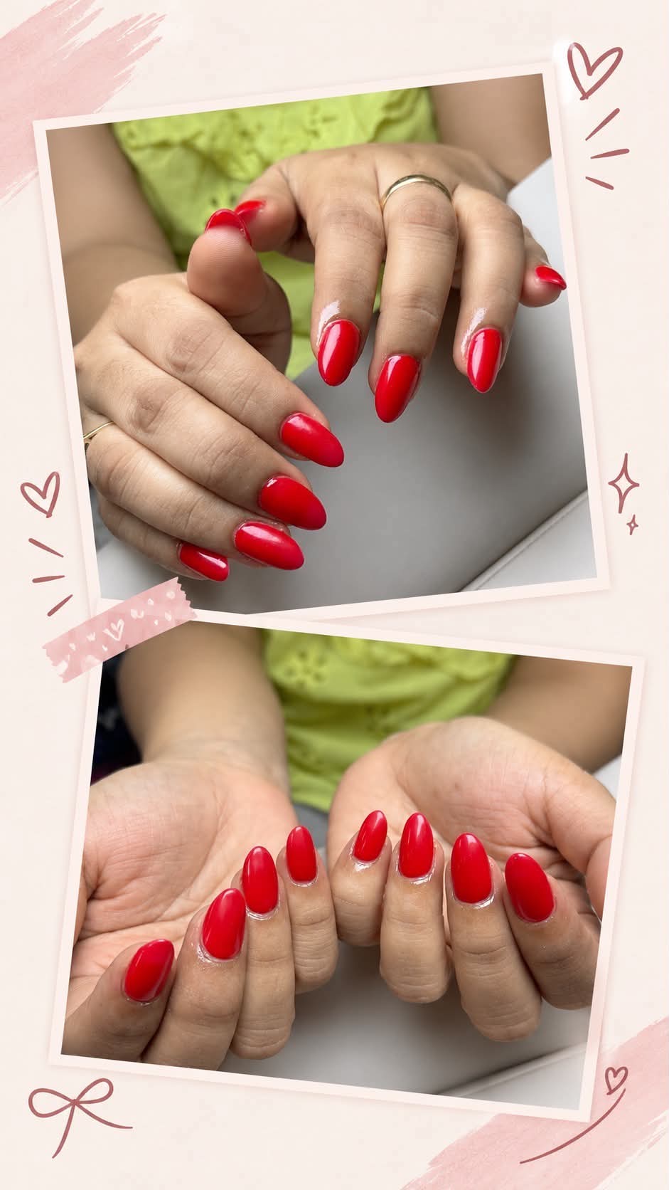 Glossy red almond nails