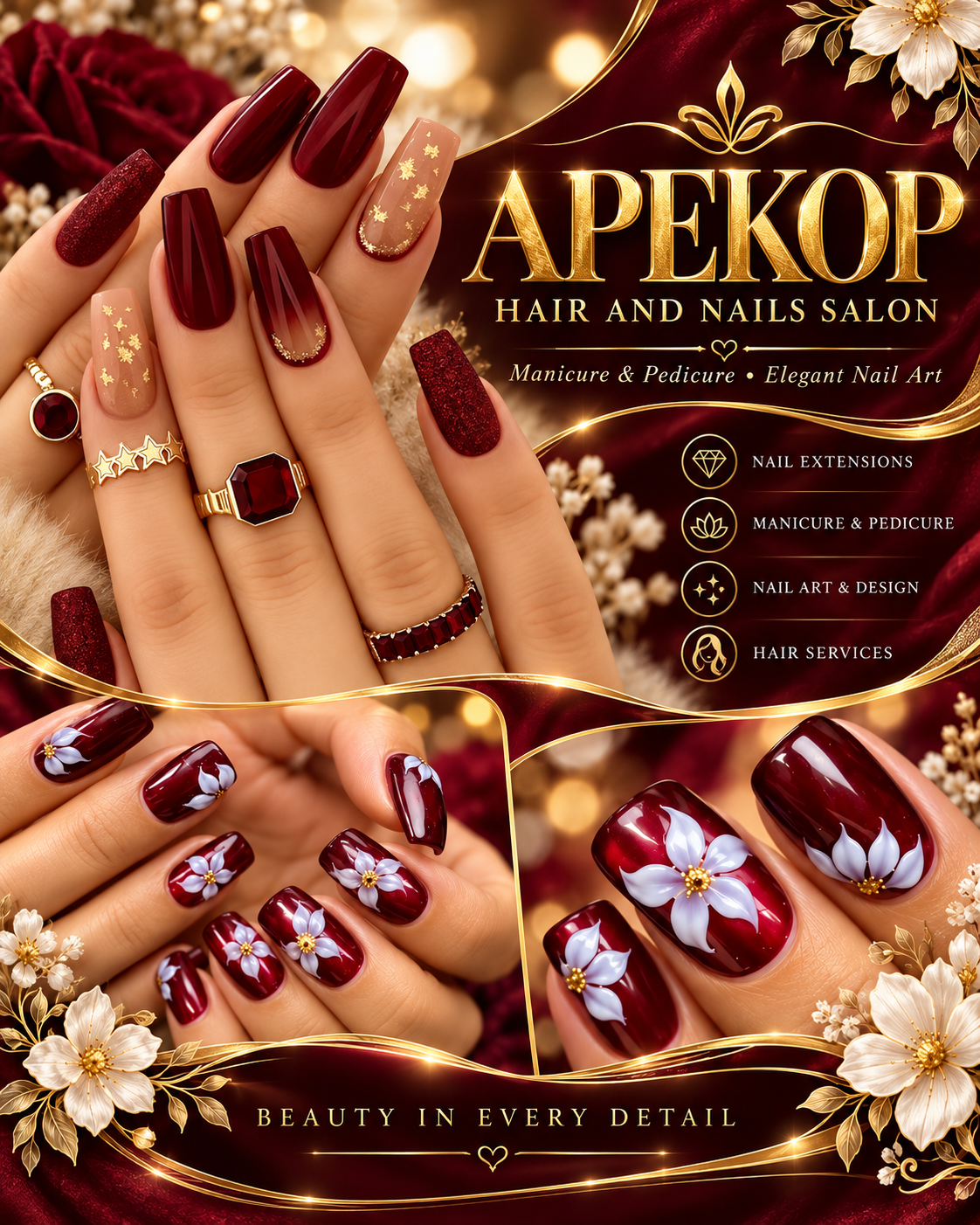 Apekop Hair and Nails Salon poster: burgundy nails with gold details and white flower nail art
