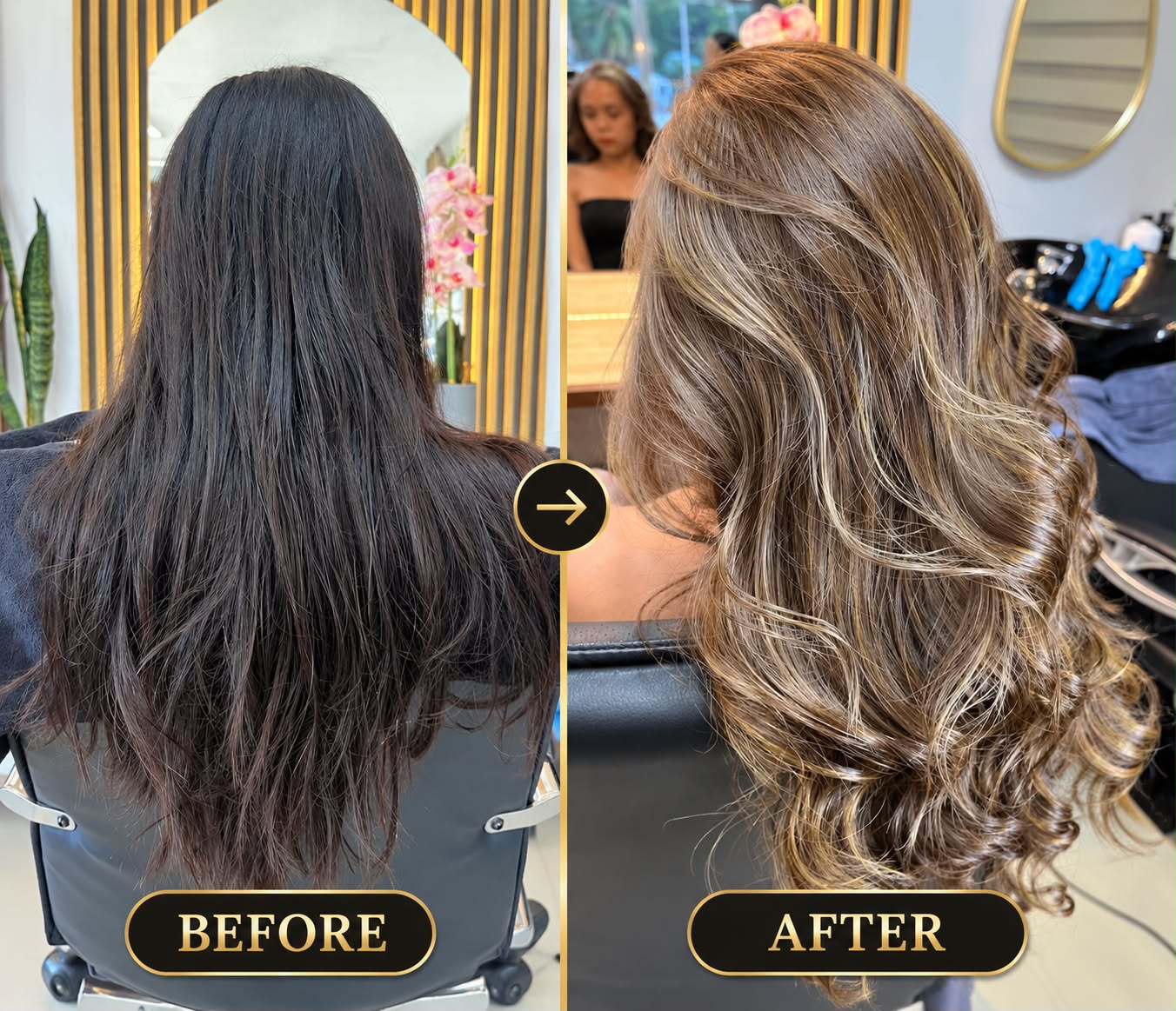 Before and after: long dark hair on the left, soft light brown waves with golden highlights on the right