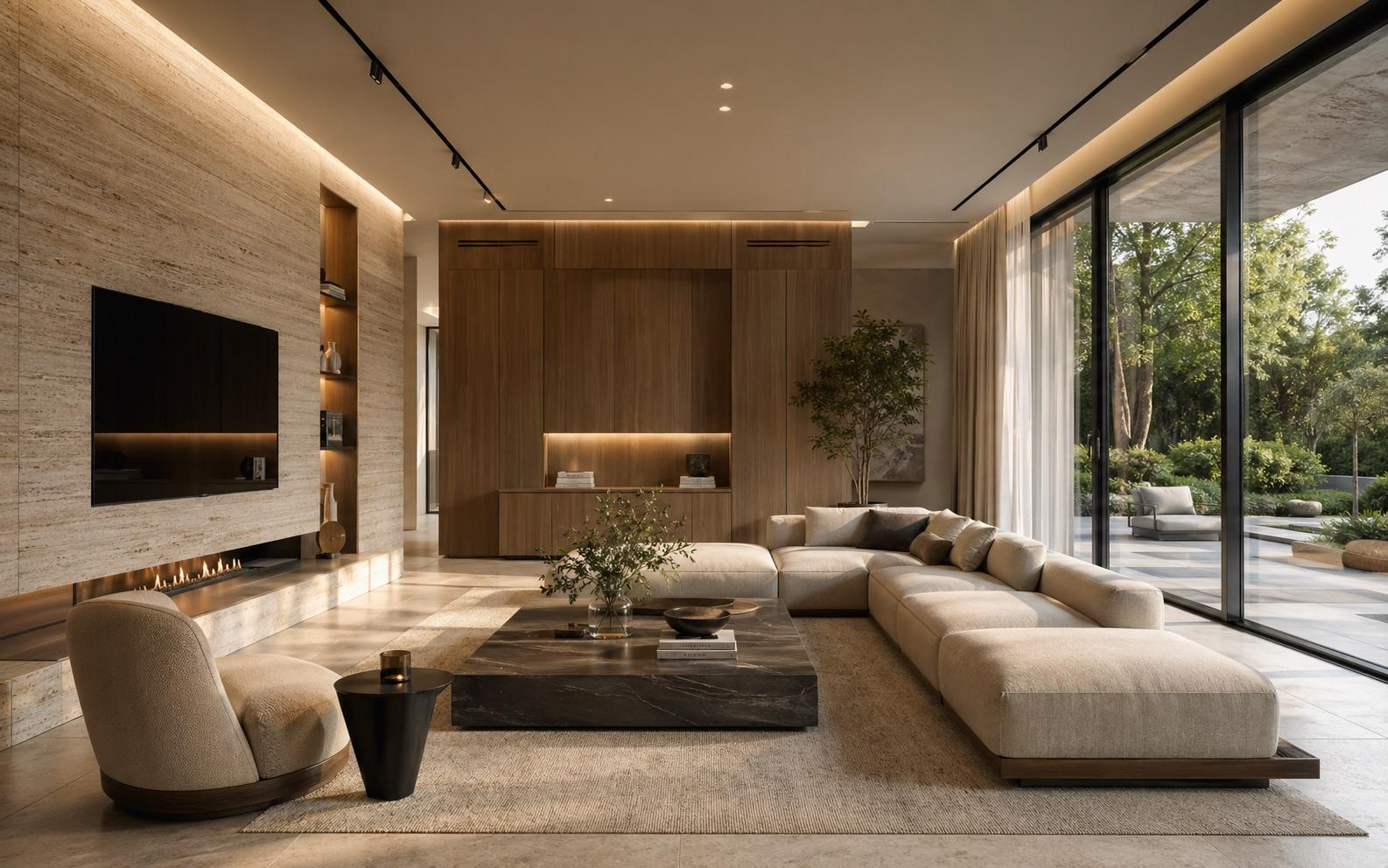 Contemporary luxury living room with travertine wall, walnut joinery, a cream sectional sofa and floor-to-ceiling glazing onto a garden