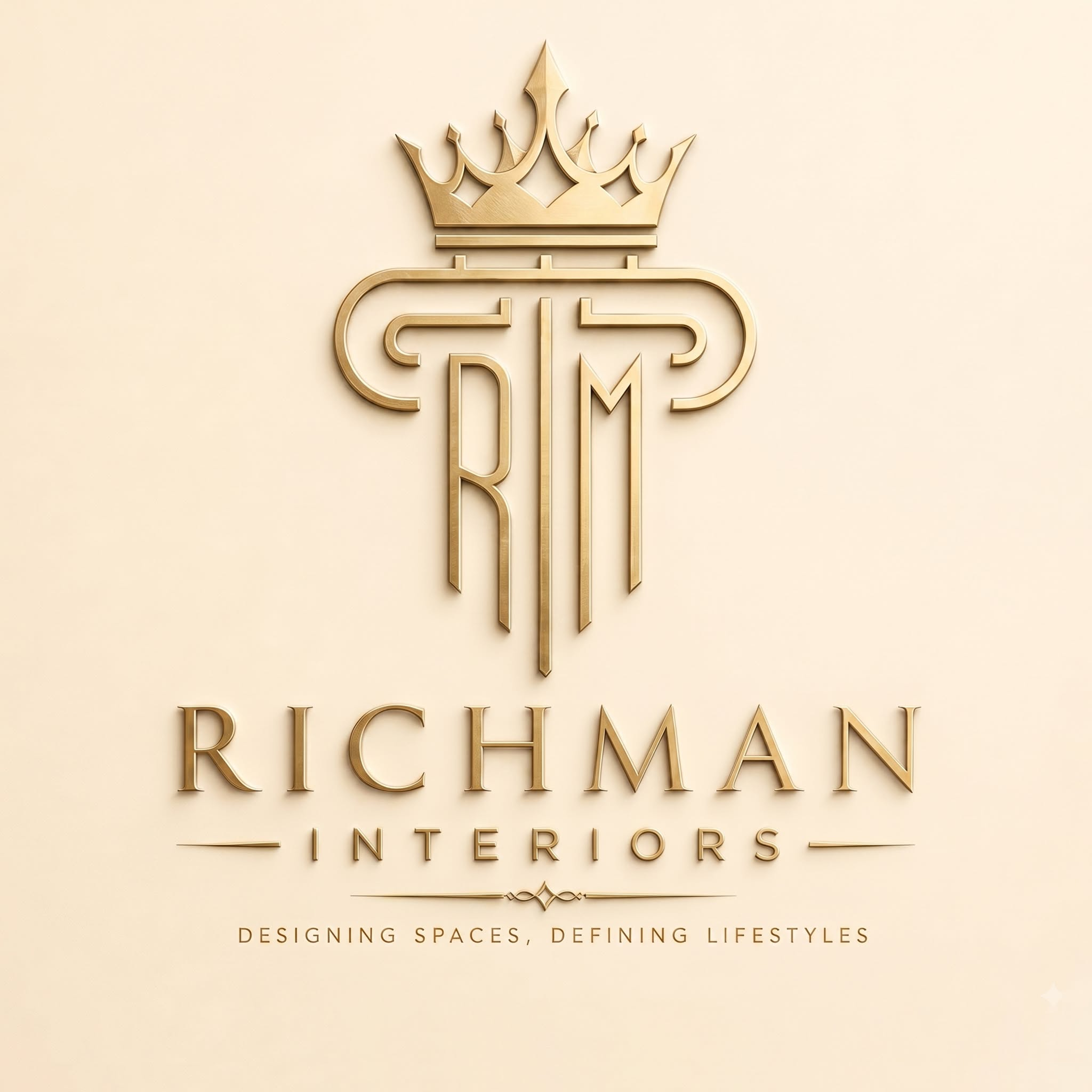 Richman Interiors logo: a gold crown above the RM monogram, the name Richman Interiors and the tagline Designing spaces, defining lifestyles